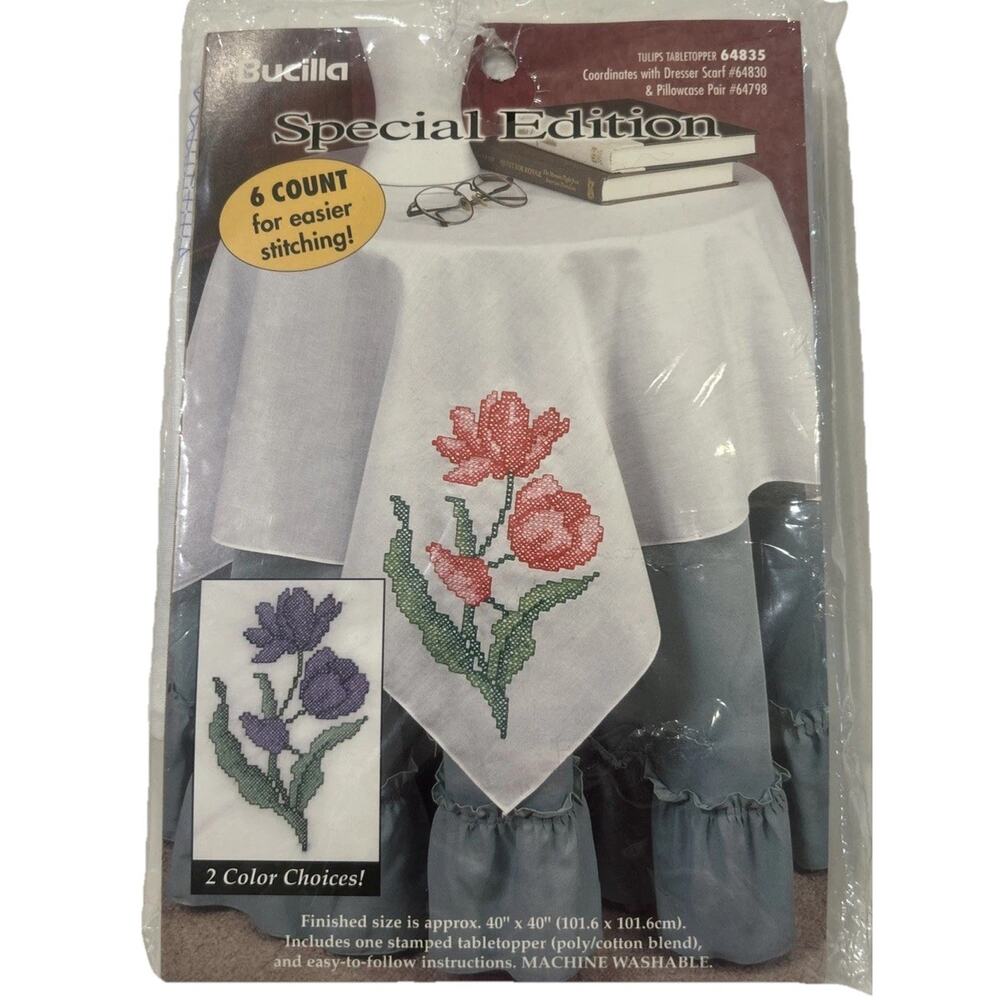 Vtg Bucilla Stamped Cross Stitch Tulips Tabletopper 40"x40” USA Tablecloth NWT